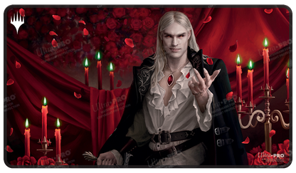 A dark fantasy gaming playmat featuring Sorin from Magic: The Gathering, surrounded by red roses and candles. Brand: Ultra PRO, Item: Innistrad: Crimson Vow Sorin Stitched Gaming Playmat