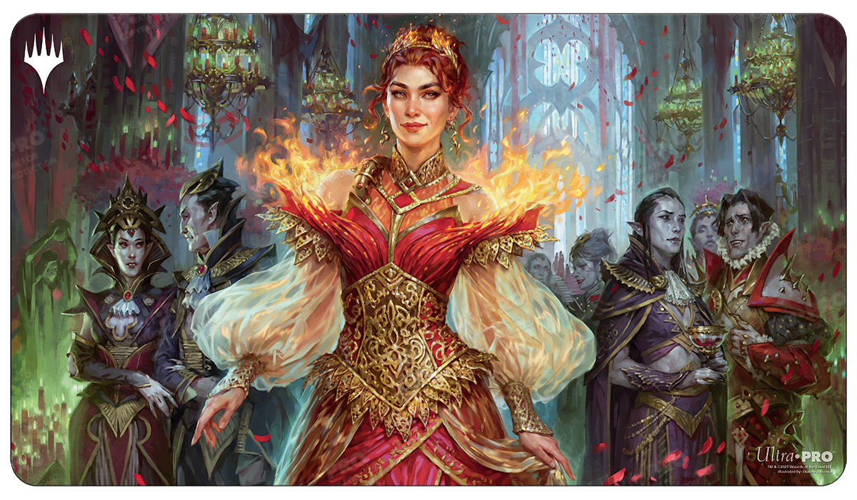 A red and gold Magic: The Gathering playmat featuring Chandra, Dressed to Kill surrounded by vampires. Brand: Ultra PRO, Item: Innistrad: Crimson Vow Chandra, Dressed to Kill Standard Gaming Playmat.