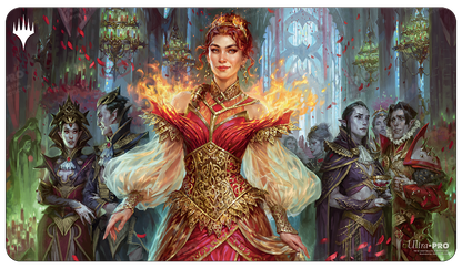 A red and gold Magic: The Gathering playmat featuring Chandra, Dressed to Kill surrounded by vampires. Brand: Ultra PRO, Item: Innistrad: Crimson Vow Chandra, Dressed to Kill Standard Gaming Playmat.