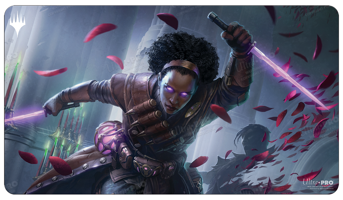 A Magic: The Gathering Standard Gaming Playmat featuring Kaya, Geist Hunter from Innistrad: Crimson Vow. Brand: Ultra PRO, Item: Innistrad: Crimson Vow Kaya, Geist Hunter Standard Gaming Playmat.
