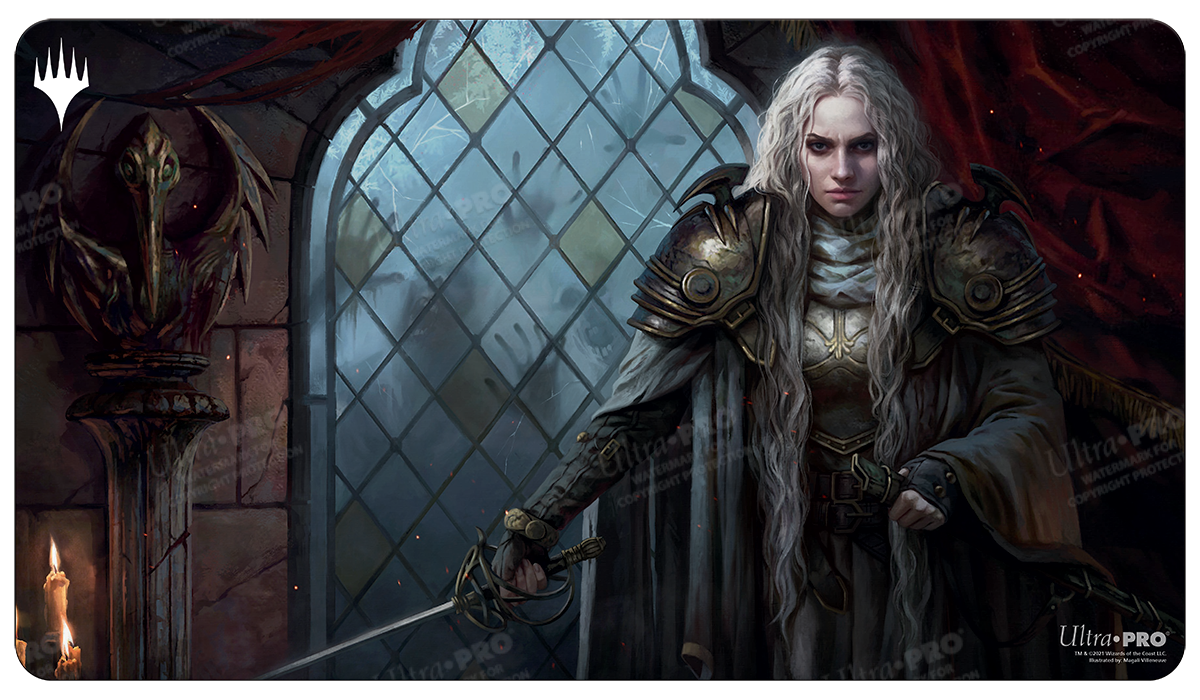 A dark fantasy Standard Gaming Playmat featuring Thalia, Guardian of Thraben from Magic: The Gathering. Brand: Ultra PRO, Item: Innistrad: Crimson Vow Thalia, Guardian of Thraben Standard Gaming Playmat.