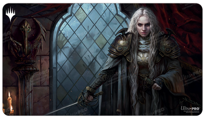 A dark fantasy Standard Gaming Playmat featuring Thalia, Guardian of Thraben from Magic: The Gathering. Brand: Ultra PRO, Item: Innistrad: Crimson Vow Thalia, Guardian of Thraben Standard Gaming Playmat.