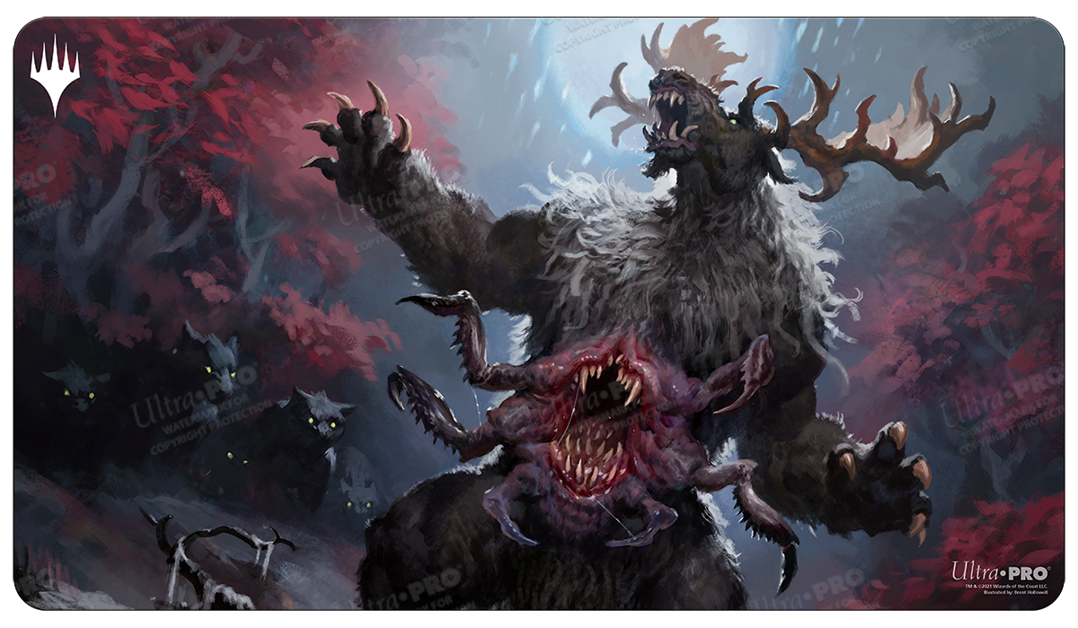 A dark fantasy art Standard Gaming Playmat featuring the Ulvenwald Behemoth from Magic: The Gathering's Innistrad: Crimson Vow set. Brand: Ultra PRO, Item: Innistrad: Crimson Vow Ulvenwald Behemoth Standard Gaming Playmat.