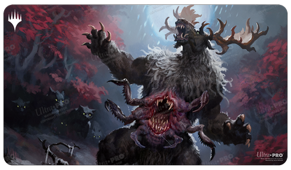 A dark fantasy art Standard Gaming Playmat featuring the Ulvenwald Behemoth from Magic: The Gathering's Innistrad: Crimson Vow set. Brand: Ultra PRO, Item: Innistrad: Crimson Vow Ulvenwald Behemoth Standard Gaming Playmat.