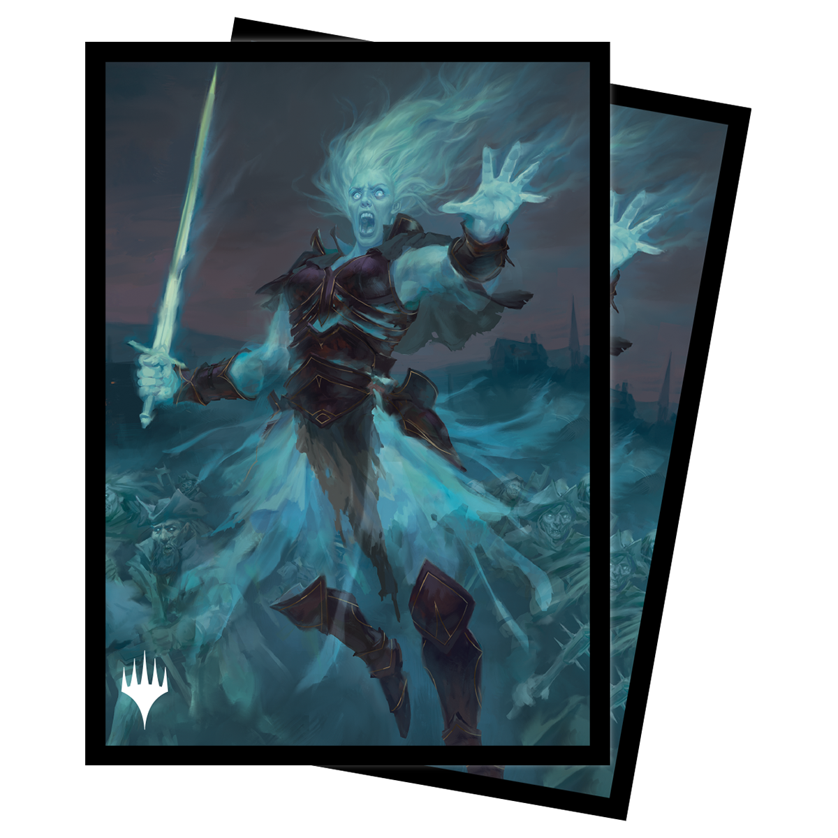 A blue and white Magic: The Gathering card sleeve featuring Millicent, Restless Revenant. Brand: Unknown, Item: Innistrad: Crimson Vow Millicent, Restless Revenant Commander Combo Box.