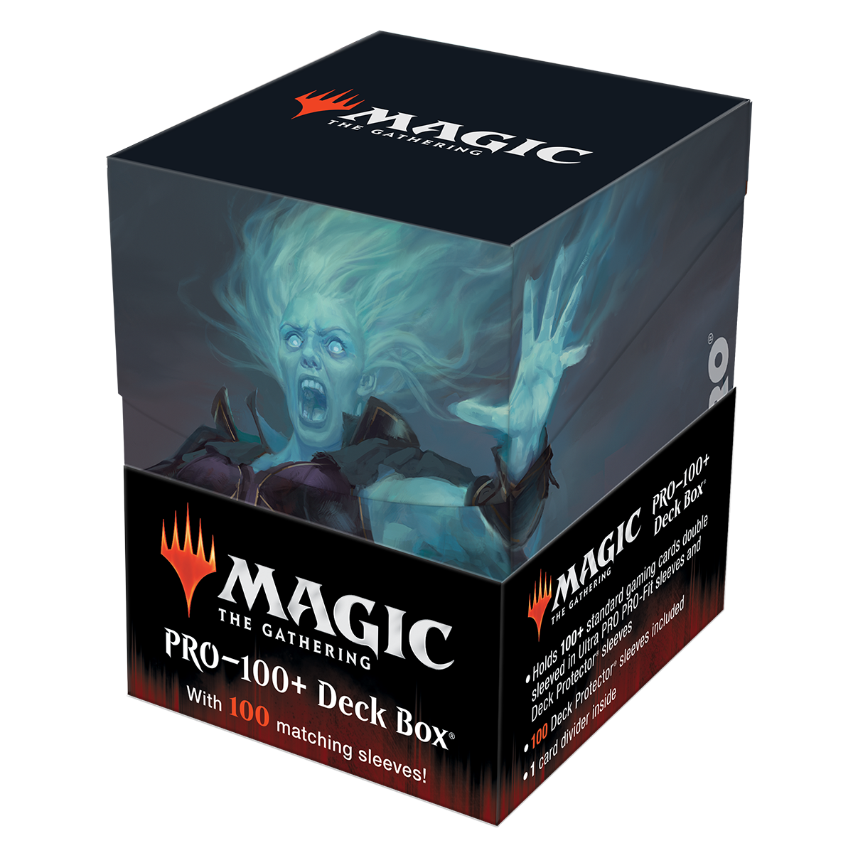 A black Magic: The Gathering PRO-100+ Deck Box featuring artwork from Innistrad: Crimson Vow. Brand: Magic: The Gathering, Item: Innistrad: Crimson Vow Millicent, Restless Revenant Commander Combo Box.
