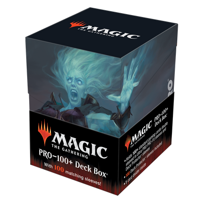 A black Magic: The Gathering PRO-100+ Deck Box featuring artwork from Innistrad: Crimson Vow. Brand: Magic: The Gathering, Item: Innistrad: Crimson Vow Millicent, Restless Revenant Commander Combo Box.
