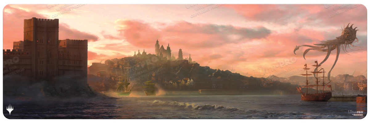 A panoramic playmat featuring a fantasy harbor scene with a castle, city, ships, and a large sea monster, with the Magic: The Gathering logo. Brand: Ultra PRO, Item: Commander Legends: Battle for Baldur's Gate Harbor with Nautiloid 8ft Table Playmat.