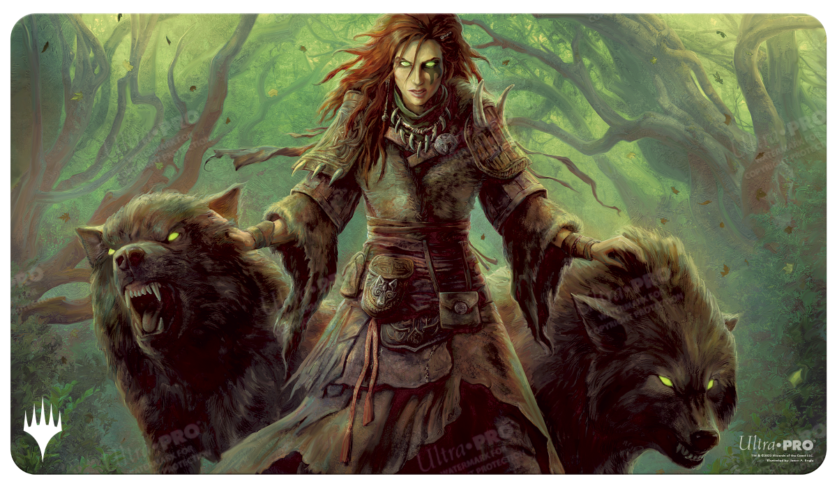 A Magic: The Gathering Faldorn, Dread Wolf Herald Standard Gaming Playmat by Ultra PRO.
