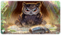 A detailed illustration of an owlbear cub sitting in the rain with a metal cup in front of it. Brand: Ultra PRO, Item: Commander Legends: Battle for Baldur's Gate Owlbear Cub Standard Gaming Playmat for Magic: The Gathering
