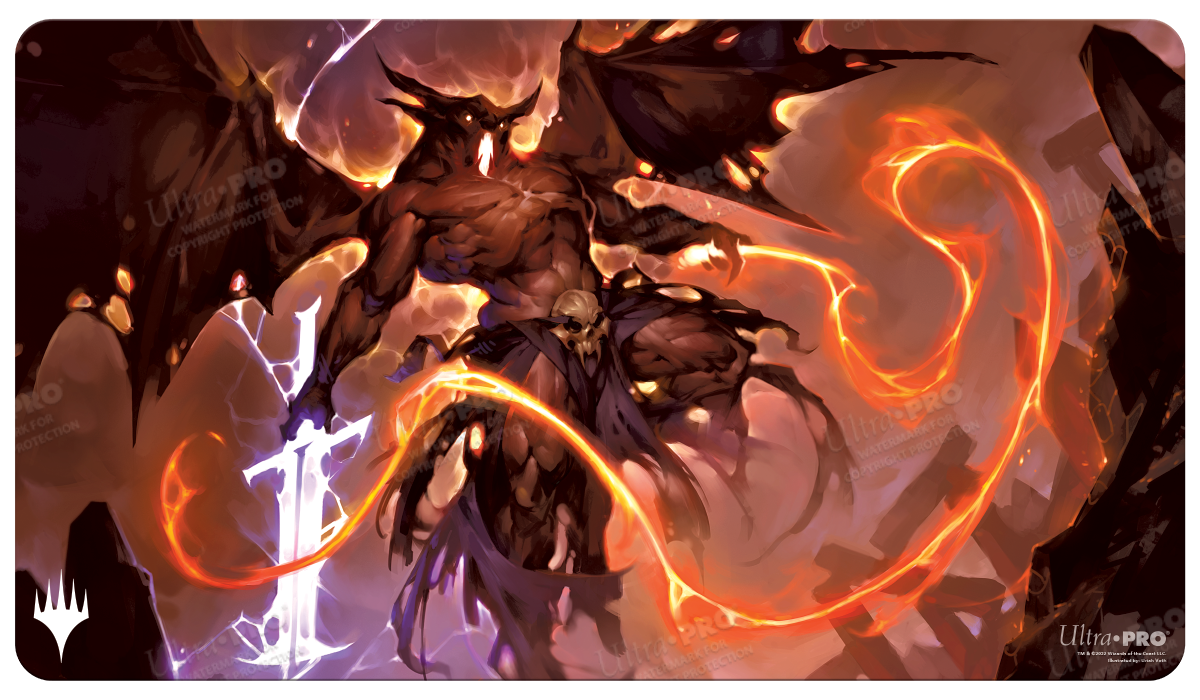A dark fantasy Standard Gaming Playmat featuring a Balor demon and a skeletal figure, surrounded by fire and lightning. Brand: Ultra PRO, Item: Commander Legends: Battle for Baldur's Gate Balor Standard Gaming Playmat for Magic: The Gathering