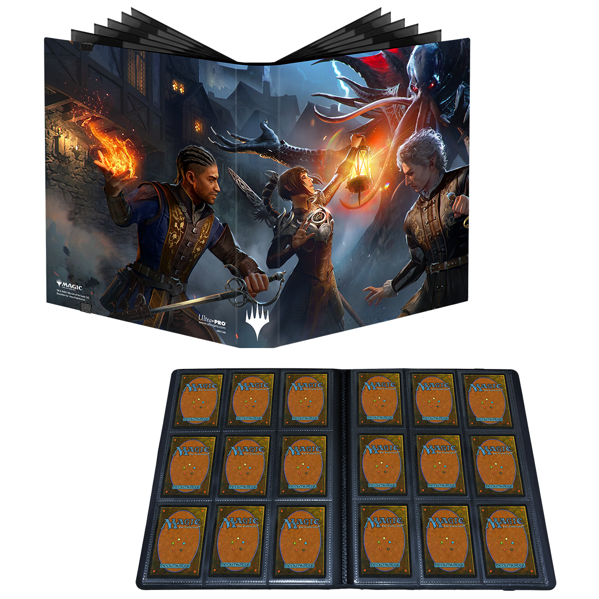 A black 9-Pocket PRO-BINDER for Magic: The Gathering Commander Legends: Battle for Baldur's Gate. Brand: Ultra PRO, Item: Commander Legends: Battle for Baldur's Gate Party Battle 9-Pocket PRO-BINDER.