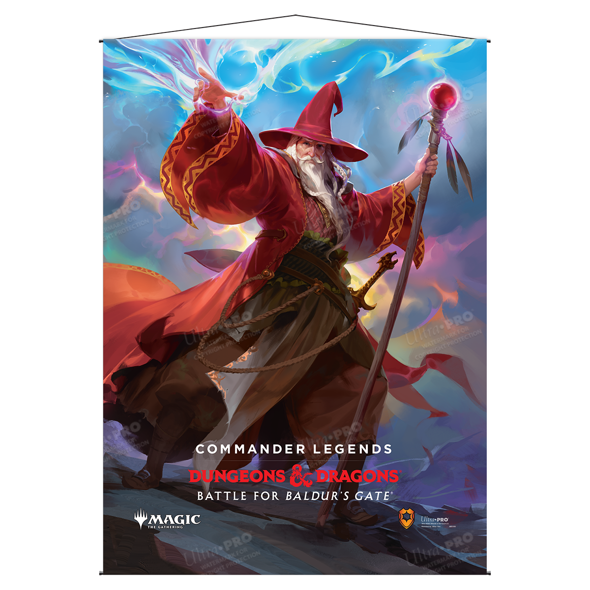 A red and gold Elminster wall scroll for Magic: The Gathering Commander Legends: Battle for Baldur's Gate. Brand: Ultra PRO, Item: Commander Legends: Battle for Baldur's Gate Elminster Wall Scroll.