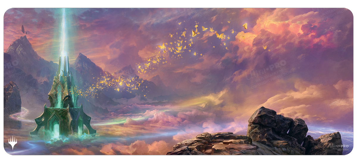 A fantasy landscape playmat featuring a glowing tower and golden butterflies. Brand: Ultra PRO, Item: Double Masters Mana Vault Panorama 6ft Table Playmat for Magic: The Gathering