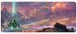 A fantasy landscape playmat featuring a glowing tower and golden butterflies. Brand: Ultra PRO, Item: Double Masters Mana Vault Panorama 6ft Table Playmat for Magic: The Gathering