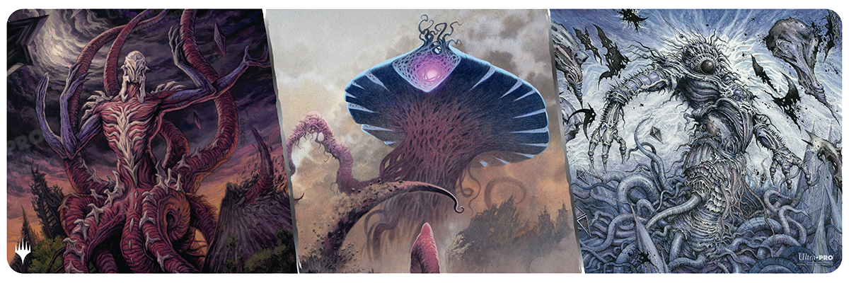 A dark fantasy art playmat featuring three Eldrazi-like creatures. Brand: Ultra PRO, Item: Double Masters Hard Line Medly 8ft Table Playmat for Magic: The Gathering