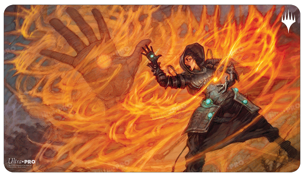 A fiery Magic: The Gathering "Mana Drain" Standard Gaming Playmat by Ultra PRO, featuring a sorceress casting a spell.