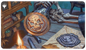 A detailed illustration of a skeleton's hands holding a large, ornate seal with a skull design, placed on a wooden desk next to a sealed envelope with a similar skull wax seal. The scene includes a lit candle, books on a shelf, and the Ultra PRO logo. Brand: Ultra PRO, Item: Double Masters Imperial Seal Standard Gaming Playmat for Magic: The Gathering.