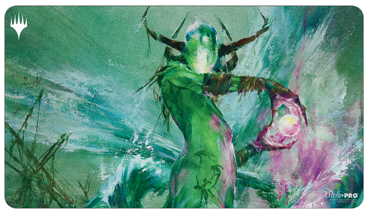 A green and teal abstract painting of Muldrotha, the Gravetide on a Magic: The Gathering playmat. Brand: Ultra PRO, Item: Double Masters Muldrotha, the Gravetide Standard Gaming Playmat.