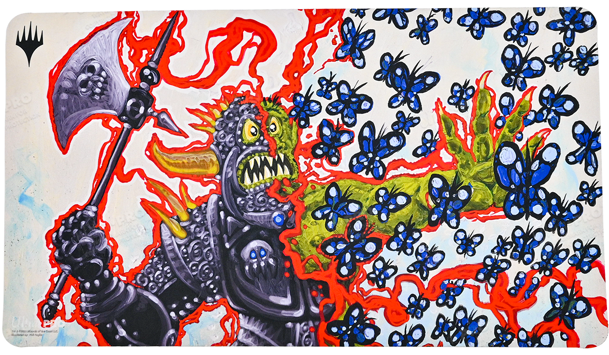 A colorful Magic: The Gathering playmat featuring a monster wielding an axe surrounded by blue butterflies. Brand: Ultra PRO, Item: Double Masters Chaos Warp Standard Gaming Playmat.