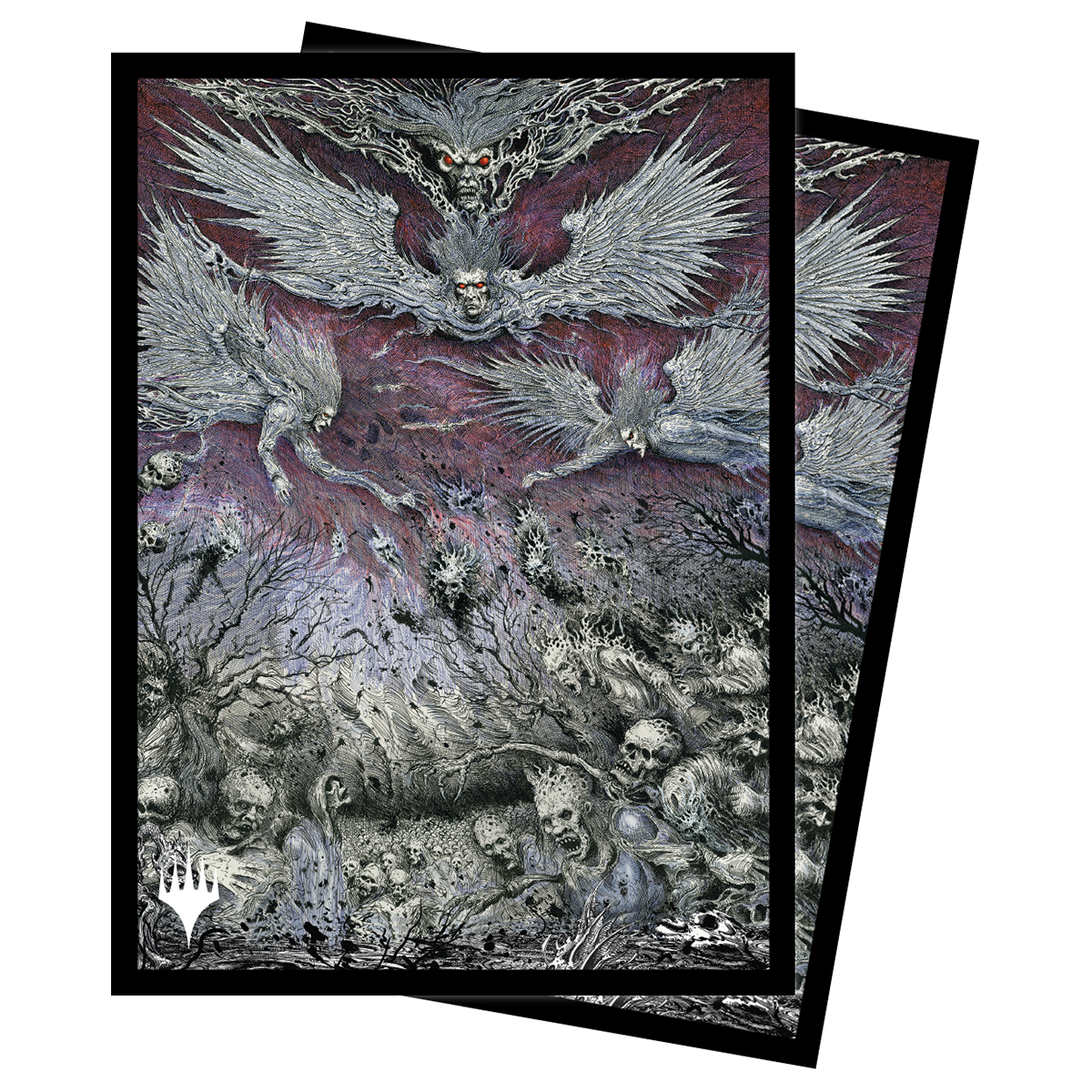 A dark fantasy illustration of winged figures and skeletal creatures on Ultra PRO Double Masters Damnation Standard Deck Protector Sleeves.