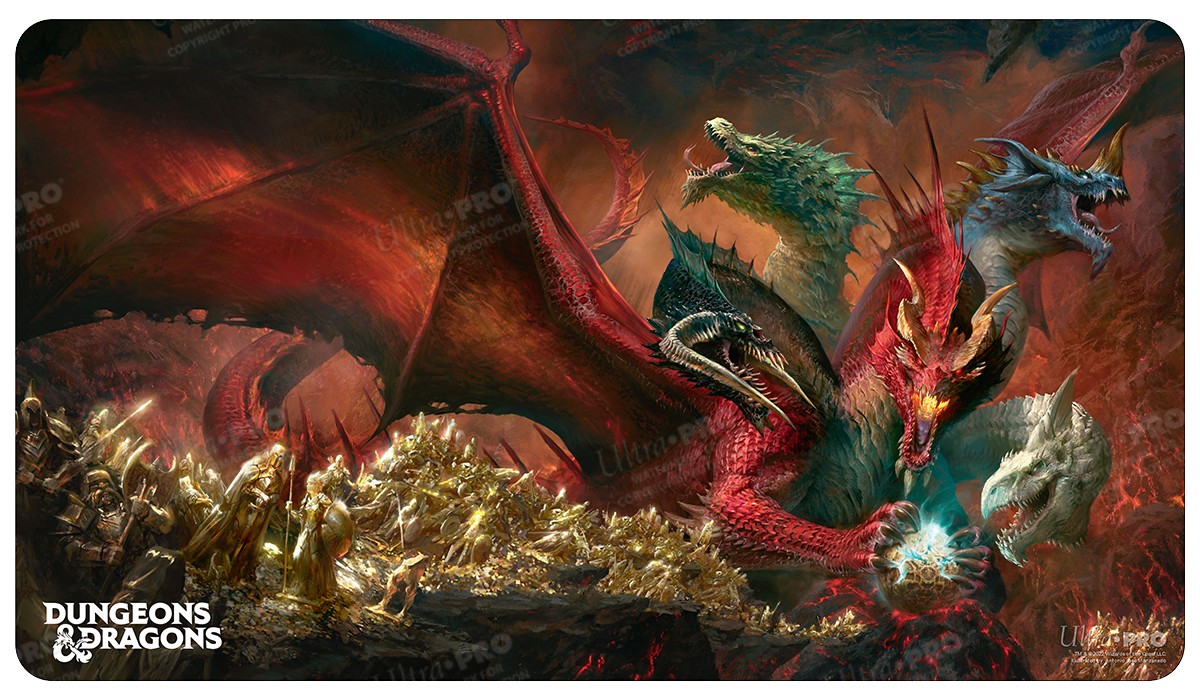 A Dungeons & Dragons themed playmat featuring multiple dragons and an army of adventurers. Brand: Ultra PRO, Item: Cover Series Tyranny of Dragons Standard Gaming Playmat