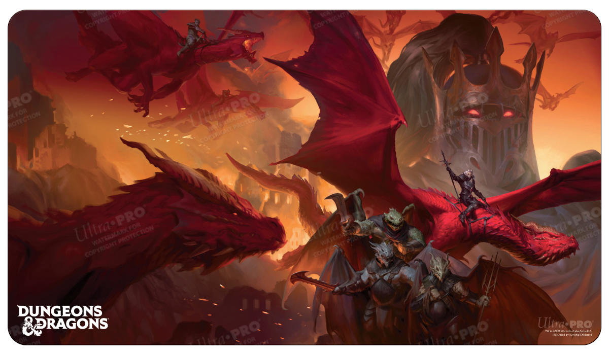 A red Dungeons & Dragons Playmat featuring dragons and a large crowned figure. Brand: Ultra PRO, Item: Cover Series Dragonlance Shadow of the Dragon Queen Standard Gaming Playmat for Dungeons & Dragons