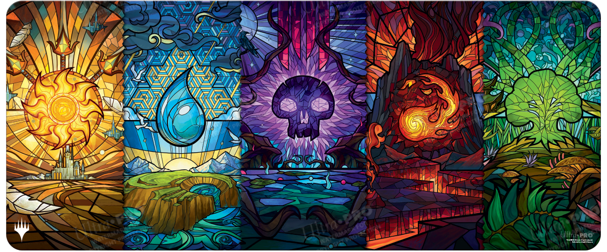 A stained glass Dominaria United Land Medley 6ft playmat. Brand: Ultra PRO, Item: Dominaria United Stained Glass Land Medley Table Playmat for Magic: The Gathering