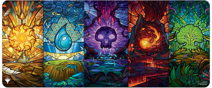 A stained glass Dominaria United Land Medley 6ft playmat. Brand: Ultra PRO, Item: Dominaria United Stained Glass Land Medley Table Playmat for Magic: The Gathering