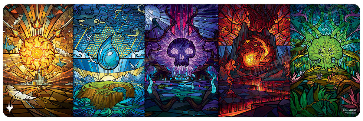 A stained glass style playmat featuring the five Magic: The Gathering lands from Dominaria United. Brand: Ultra PRO, Item: Dominaria United Stained Glass Land Medley Table Playmat 8ft