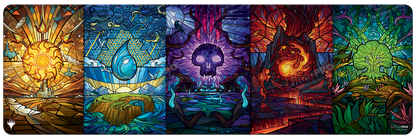 A stained glass style playmat featuring the five Magic: The Gathering lands from Dominaria United. Brand: Ultra PRO, Item: Dominaria United Stained Glass Land Medley Table Playmat 8ft