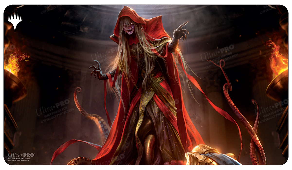 A red and gold Dominaria United Dihada, Binder of Wills Standard Gaming Playmat. Brand: Ultra PRO, Item: Dominaria United Dihada, Binder of Wills Standard Gaming Playmat for Magic: The Gathering