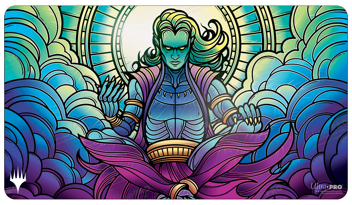 A stained glass style playmat featuring Zur, Eternal Schemer from Magic: The Gathering. Brand: Ultra PRO, Item: Dominaria United Zur, Eternal Schemer Standard Gaming Playmat.