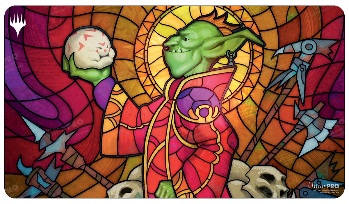 A stained glass style Magic: The Gathering playmat featuring Squee, Dubious Monarch. Brand: Ultra PRO, Item: Dominaria United Squee, Dubious Monarch Standard Gaming Playmat.
