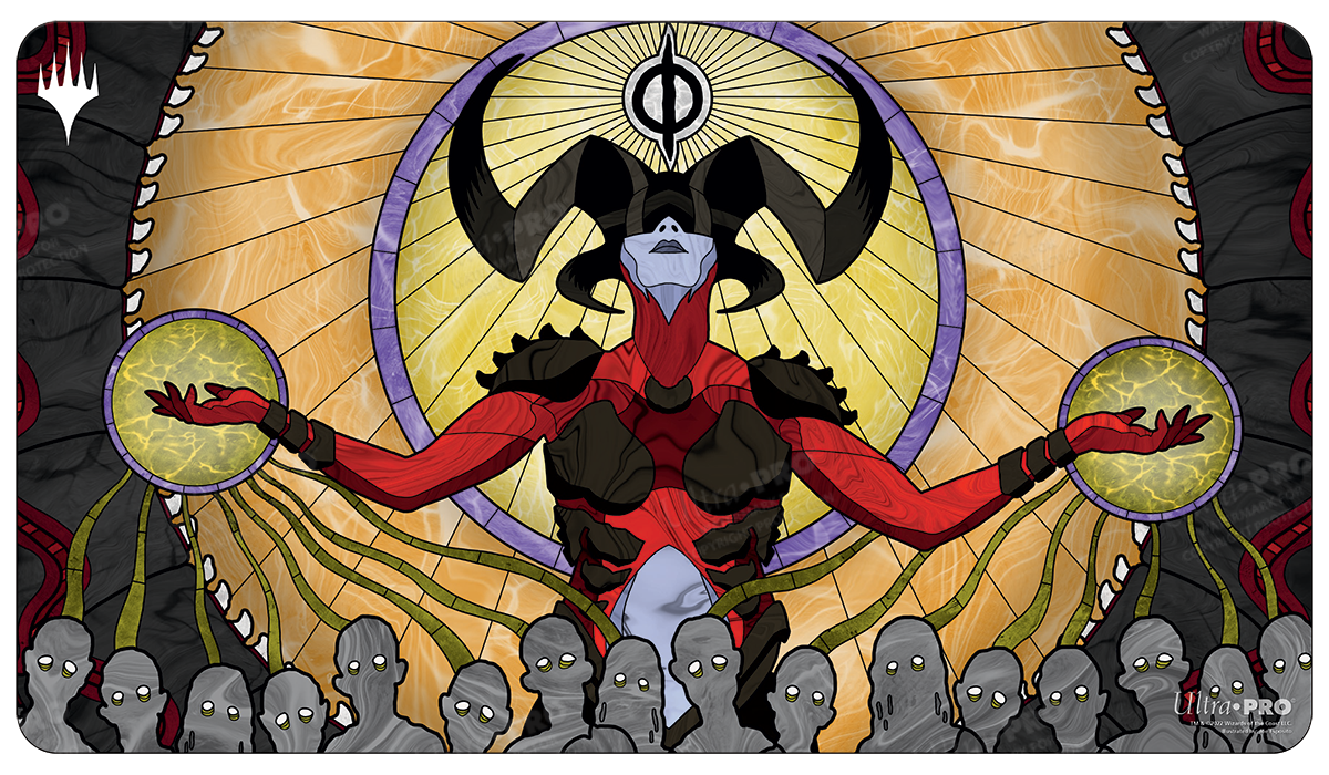 A stained glass style Dominaria United Sheoldred, the Apocalypse Standard Gaming Playmat. Brand: Ultra PRO, Item: Dominaria United Sheoldred, the Apocalypse Standard Gaming Playmat for Magic: The Gathering