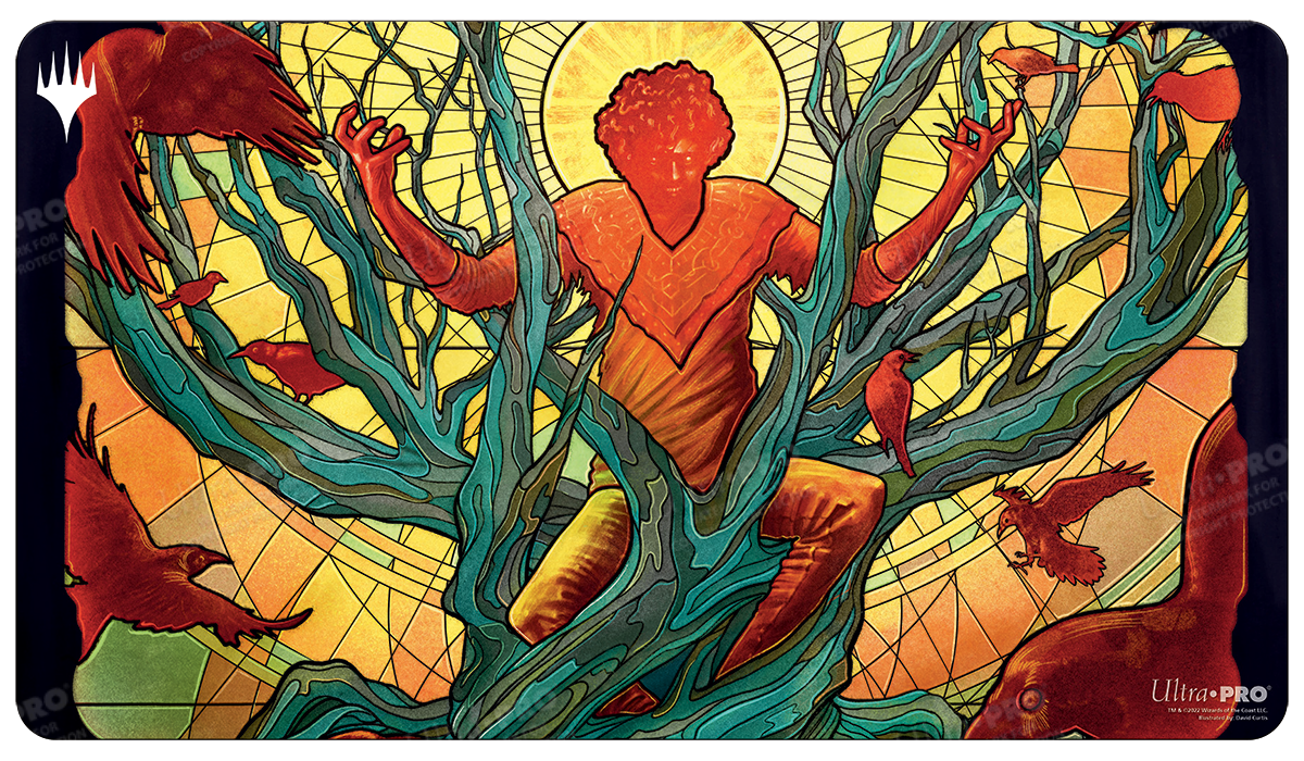 A stained glass style The Raven Man Standard Gaming Playmat for Magic: The Gathering. Brand: Ultra PRO, Item: Dominaria United The Raven Man Standard Gaming Playmat.