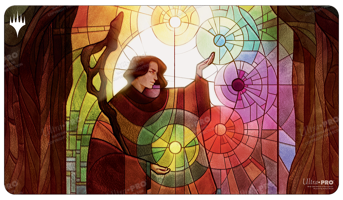 A stained glass style Standard Gaming Playmat featuring Jodah, the Unifier from Magic: The Gathering. Brand: Ultra PRO, Item: Dominaria United Jodah, the Unifier Standard Gaming Playmat.