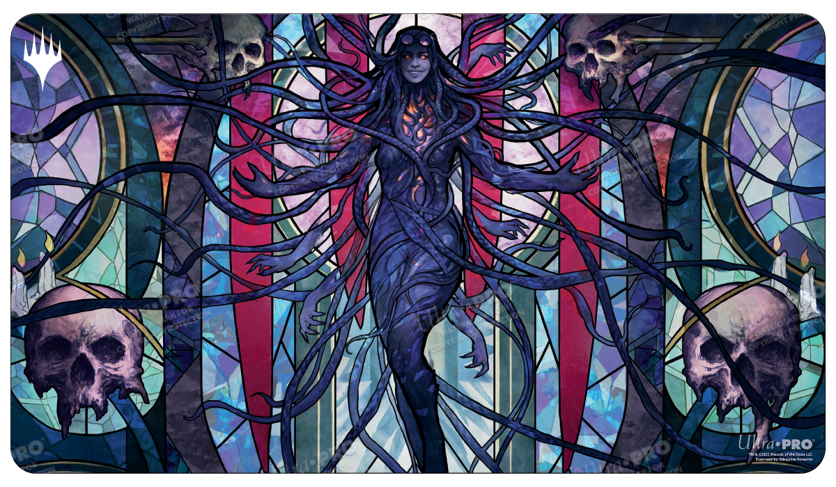 A dark, stained-glass style Magic: The Gathering playmat featuring the Arisen Nightmare from Dominaria United. Brand: Ultra PRO, Item: Dominaria United Braids, Arisen Nightmare Standard Gaming Playmat.