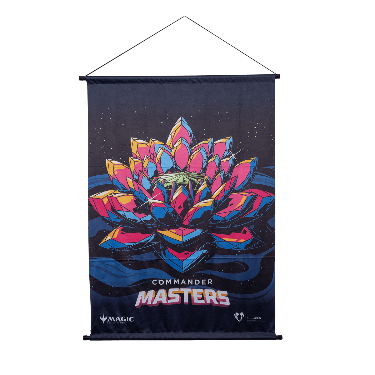 A dark blue wall scroll featuring the Jeweled Lotus artwork from Magic: The Gathering Commander Masters. Brand: Ultra PRO, Item: Commander Masters Jeweled Lotus Wall Scroll.