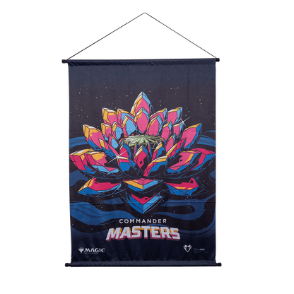 A dark blue wall scroll featuring the Jeweled Lotus artwork from Magic: The Gathering Commander Masters. Brand: Ultra PRO, Item: Commander Masters Jeweled Lotus Wall Scroll.