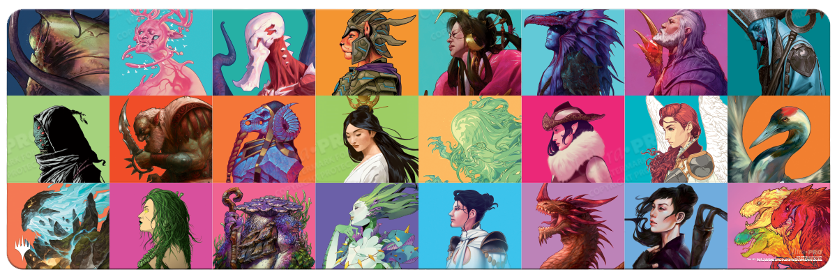 A collage of fantasy art characters from Magic: The Gathering Commander Masters on an 8ft table playmat. Brand: Ultra PRO, Item: Commander Masters Pop Collage 8ft Table Playmat for Magic: The Gathering