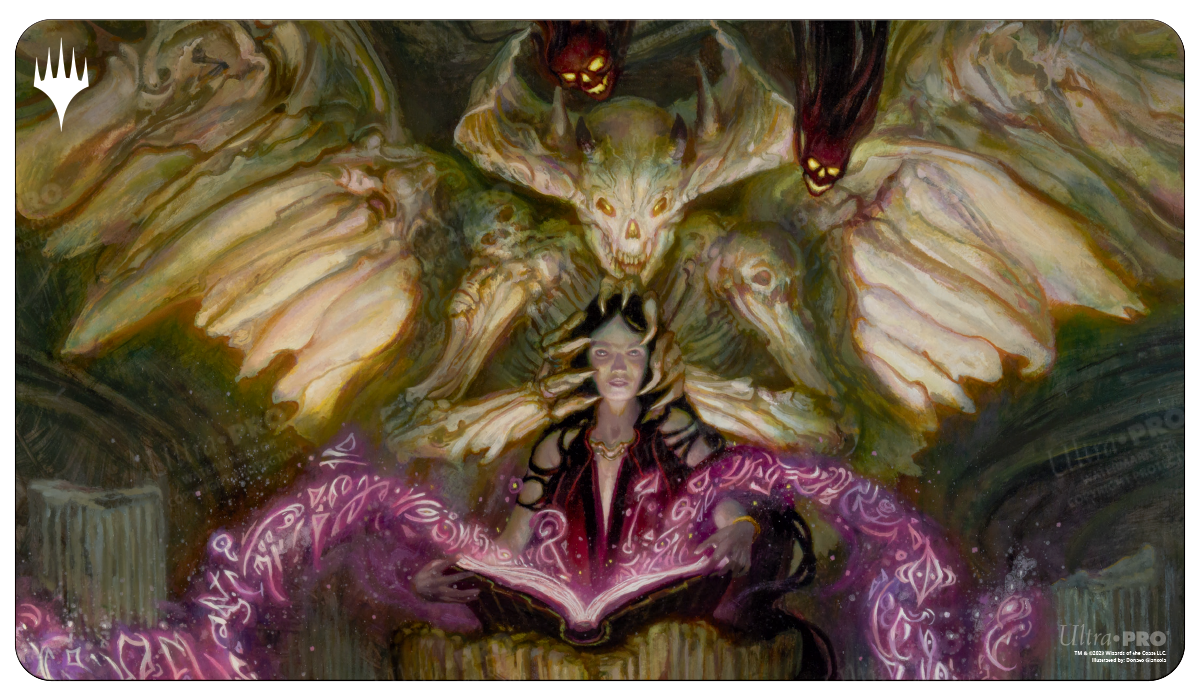 A black Magic: The Gathering playmat featuring artwork from Commander Masters Demonic Tutor, with a sorceress casting a spell from a book, guarded by a demonic entity. Brand: Ultra PRO, Item: Commander Masters Demonic Tutor Black Standard Gaming Playmat.