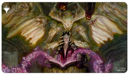 A black Magic: The Gathering playmat featuring artwork from Commander Masters Demonic Tutor, with a sorceress casting a spell from a book, guarded by a demonic entity. Brand: Ultra PRO, Item: Commander Masters Demonic Tutor Black Standard Gaming Playmat.