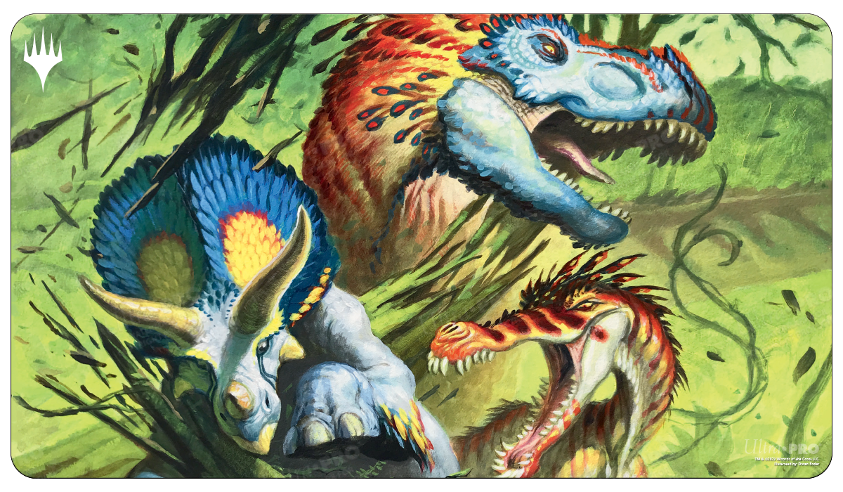A vibrant green gaming playmat featuring three dinosaurs: a blue-feathered Tyrannosaurus Rex, a Triceratops, and a smaller, red-feathered raptor, in a lush jungle setting. Brand: Ultra PRO, Item: Commander Masters Finale of Devastation Green Standard Gaming Playmat for Magic: The Gathering.