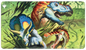 A vibrant green gaming playmat featuring three dinosaurs: a blue-feathered Tyrannosaurus Rex, a Triceratops, and a smaller, red-feathered raptor, in a lush jungle setting. Brand: Ultra PRO, Item: Commander Masters Finale of Devastation Green Standard Gaming Playmat for Magic: The Gathering.