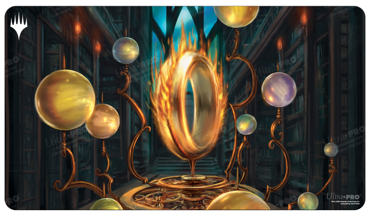 A dark fantasy themed playmat featuring a golden ring engulfed in flames, surrounded by orbs and intricate machinery in a library setting. Brand: Ultra PRO, Item: Commander Masters Sol Ring Artifact Standard Gaming Playmat for Magic: The Gathering.