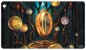A dark fantasy themed playmat featuring a golden ring engulfed in flames, surrounded by orbs and intricate machinery in a library setting. Brand: Ultra PRO, Item: Commander Masters Sol Ring Artifact Standard Gaming Playmat for Magic: The Gathering.