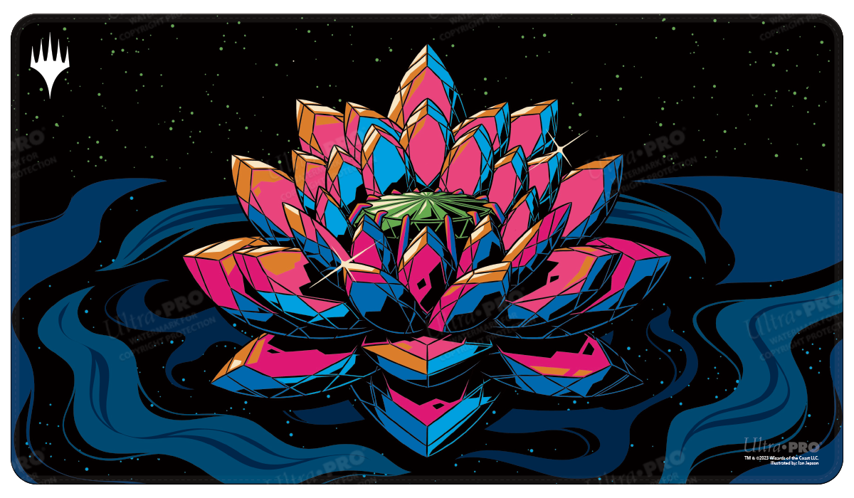A black playmat featuring a stylized, crystalline Jeweled Lotus in vibrant pink, blue, and orange, set against a starry night sky and dark blue water. Brand: Ultra PRO, Item: Commander Masters Jeweled Lotus HOLOFOIL® Standard Gaming Playmat.