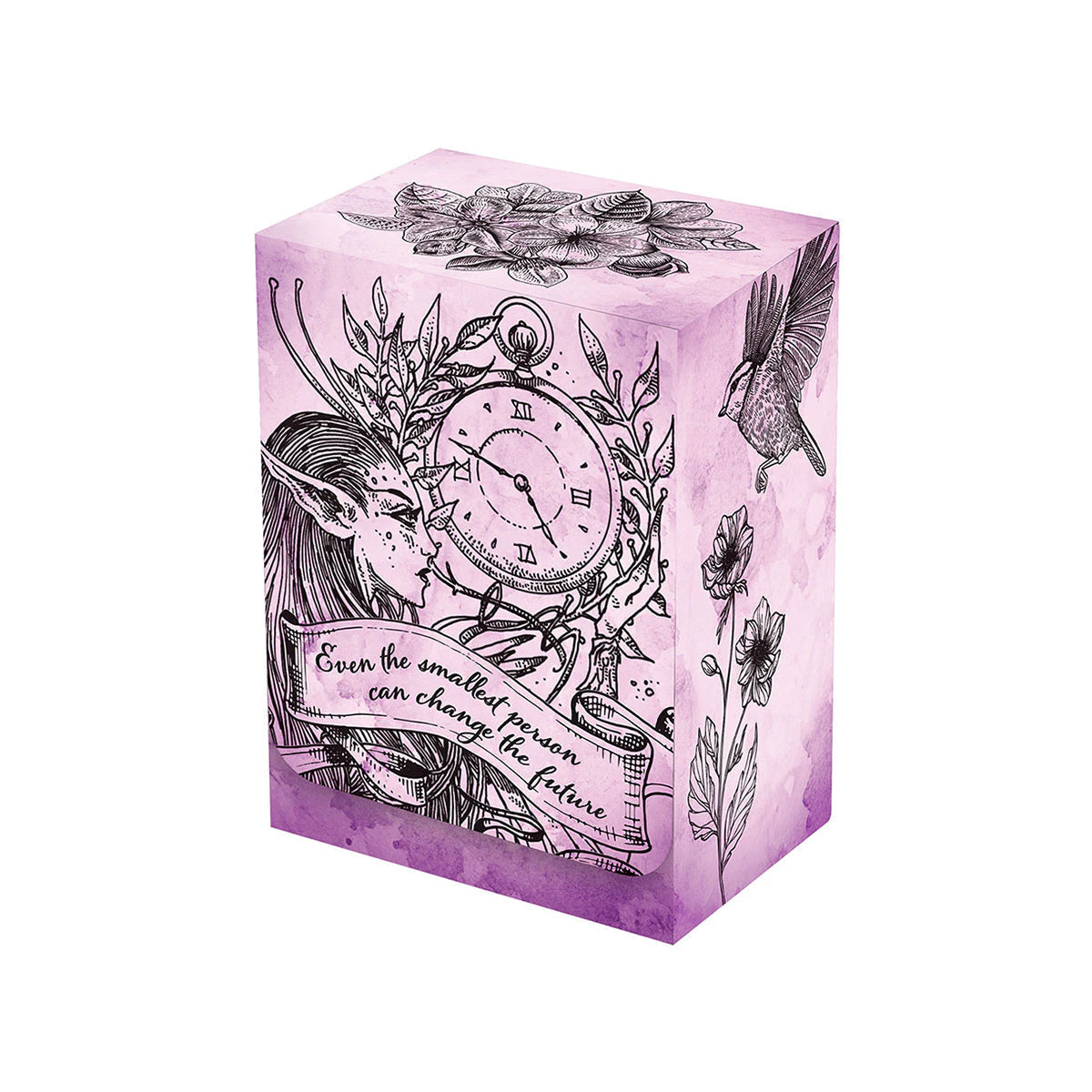 A purple watercolor-effect deck box with an elven character, a pocket watch, and a bird illustration. Brand: Legion Supplies, Item: Even The Smallest Card Box.
