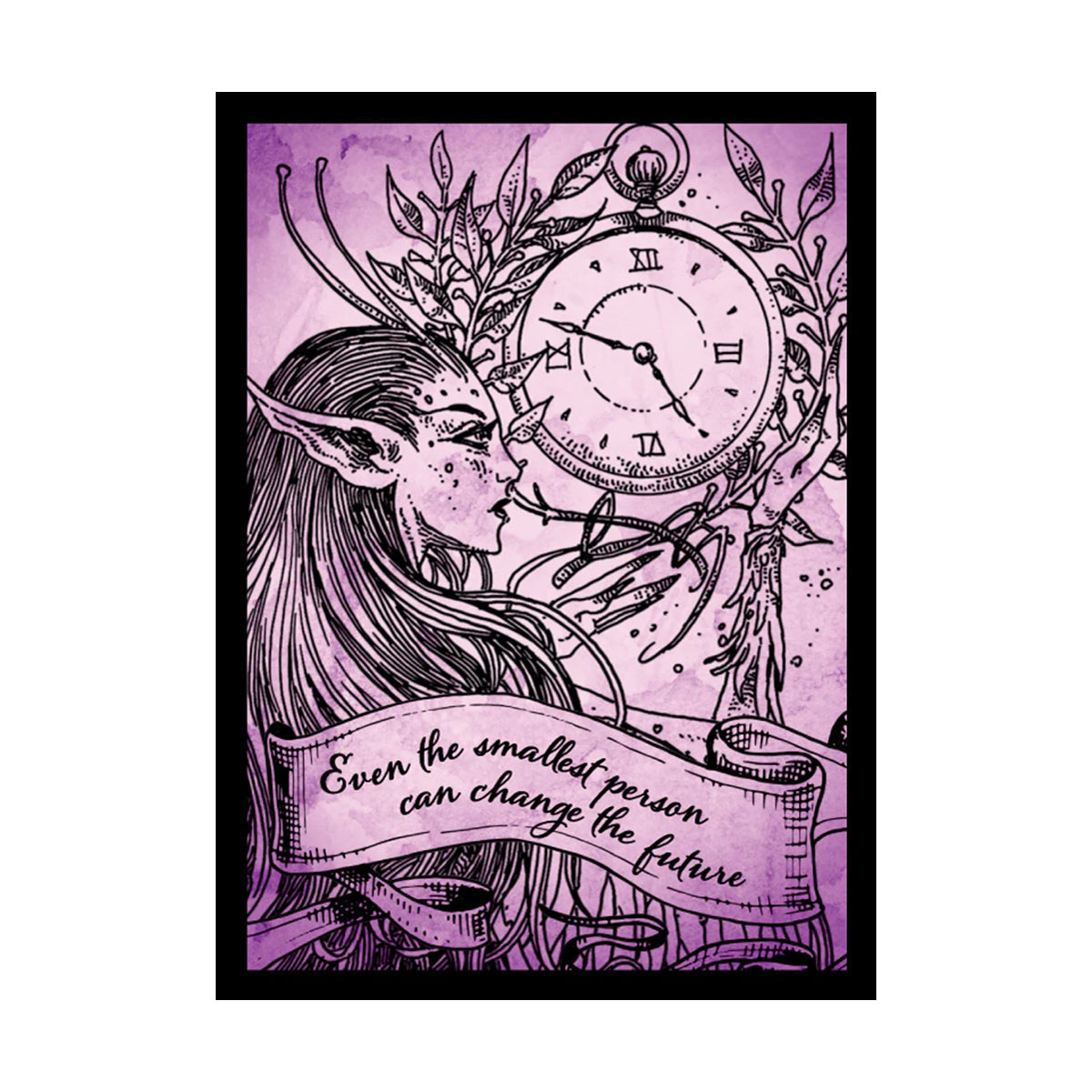 A purple and black illustration of an elf-like figure with a clock and foliage, featuring the text "Even the smallest person can change the future". Brand: Legion Supplies, Item: Even The Smallest Sleeve.
